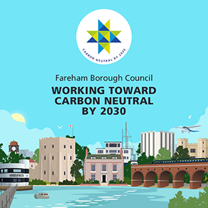 Image of Fareham skyline with working toward carbon neutral message