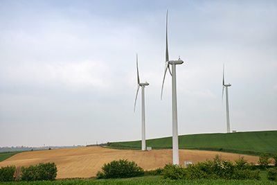 Picture of fields with two wind turbines