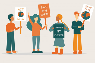 Cartoon graphic showing people holding signs advocating for climate change action