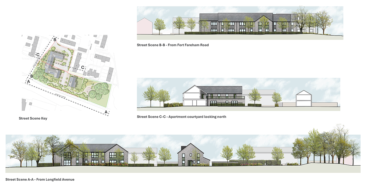 Street Scene Key, Street Scene A-A- From Longfield Avenue, Street Scene B-B- From Fort Fareham Road, Street Scene C-C- Apartments courtyard looking north