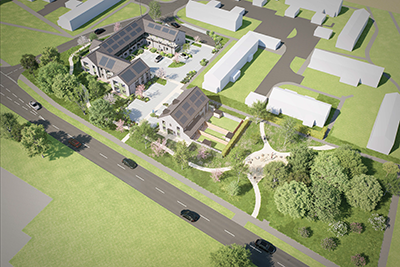 Aerial artist impression on new build houses on Redoubt Court