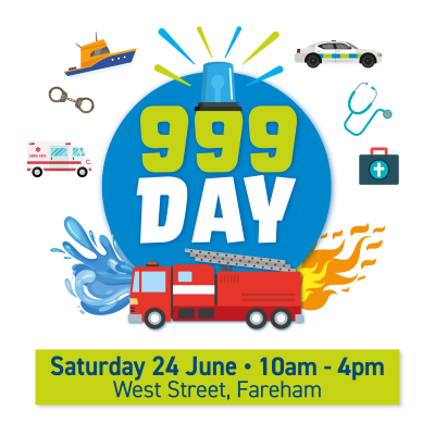 Image showing emergency vehicles with the text 999 day Saturday 24 June 10am to 4pm West Street Fareham 