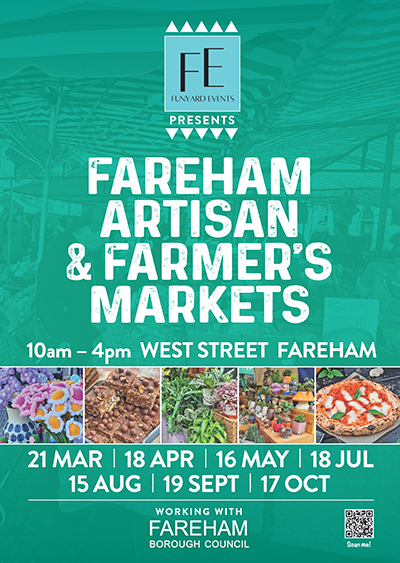 Funyard Events presents Fareham Artisan & Farmer's market 10am ? 4pm West Street Fareham 21 Mar | 18 Apr| 16 May| 18 Jul 15 Aug | 19 Sept | 17 Oct Working with Fareham Borough Council