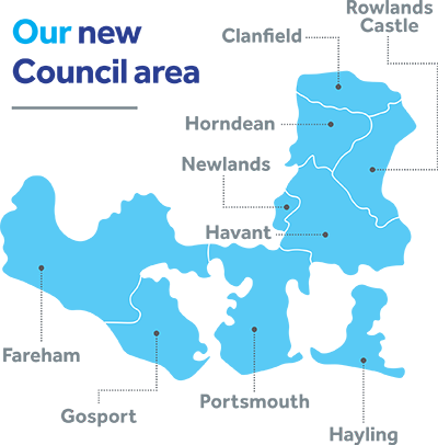 Our New Council Area, arrows pointing to a map reading, Clanfield, Rowlands Castle, Hayling, Portsmouth, Gosport, Fareham, Havant, Newlands, Horndean
