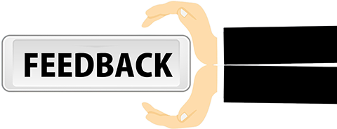 Cartoon image of sign saying feedback being held out by two hands