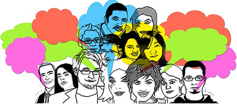 Colourful image of cartoon people and thought bubbles