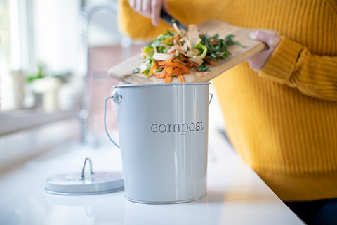 Colour photo of food waste in small decorative compost bin on kitchen worktop