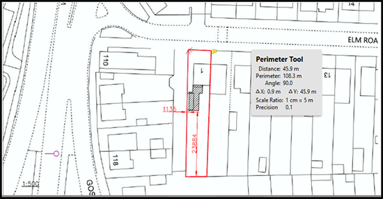 Screenshot of drawn map showing use of perimeter tool