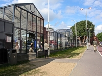 An image of the bus station with pavement and grass verge in front.