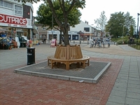 An image of a tree with a circular wooden bench around it.  The bench is on a plinth and the area has been newly paved. There are shops in the background.