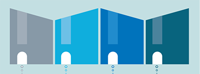 Four pillars in the shape of buildings in a line