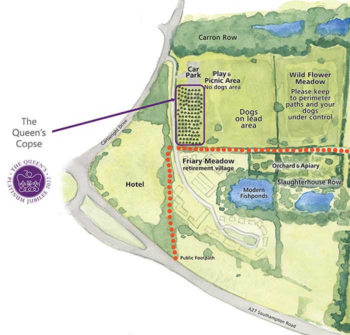 Map showing location of Queens Copse in Abbey Meadow