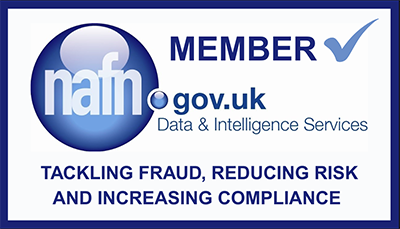 NAFN membership badge with a blue and white design. The NAFN logo appears on the left, alongside the GOV.UK Data & Intelligence Services logo. The word ?MEMBER? is displayed prominently at the top with a blue tick symbol. Text below reads: ?TACKLING FRAUD, REDUCING RISK AND INCREASING COMPLIANCE.? The badge is enclosed within a blue border.