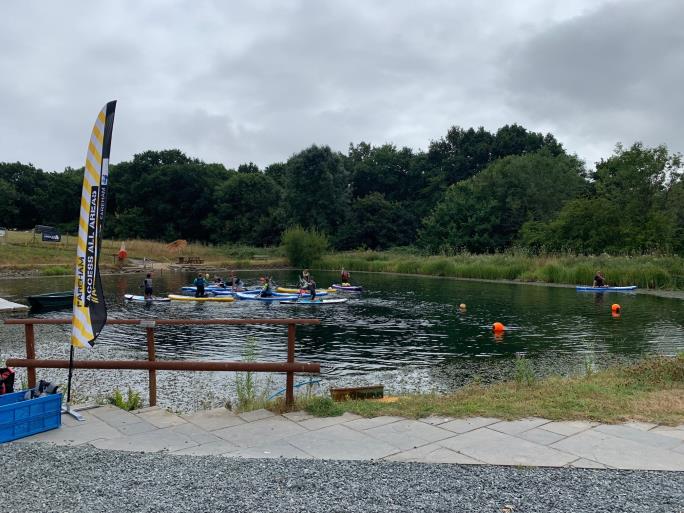 Photo of lake and children paddleboarding