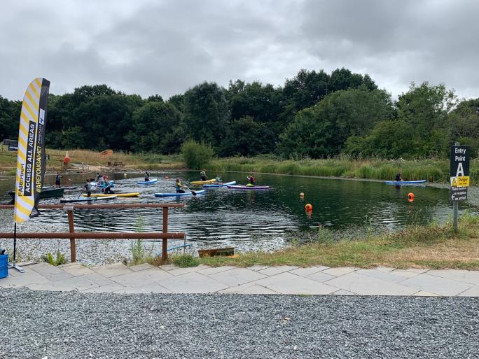 Photo of lake and children paddleboarding