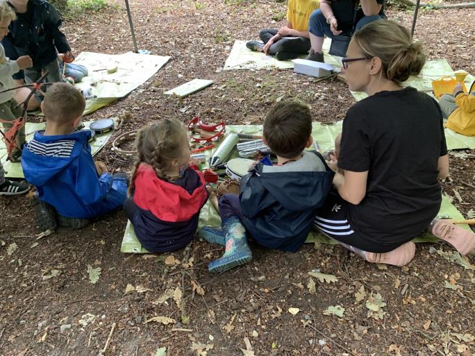 Photo of family sitting in the woodland