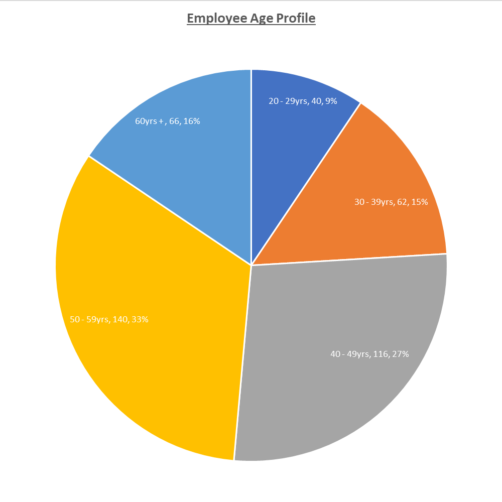 Age profile, 20 to 29 40, 30 to 39 62, 40 to 49 116, 50 to 59 140, 60+ 66