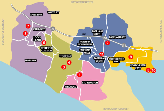 A map of cemetery locations in the Fareham borough
