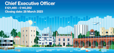Image shows drawings of prominent buildings in Fareham. Text says Chief Executive Officer, £121,465 - £140,282, Closing date: 28 March 2023