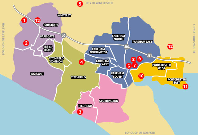 A map of places to visit in the Fareham area